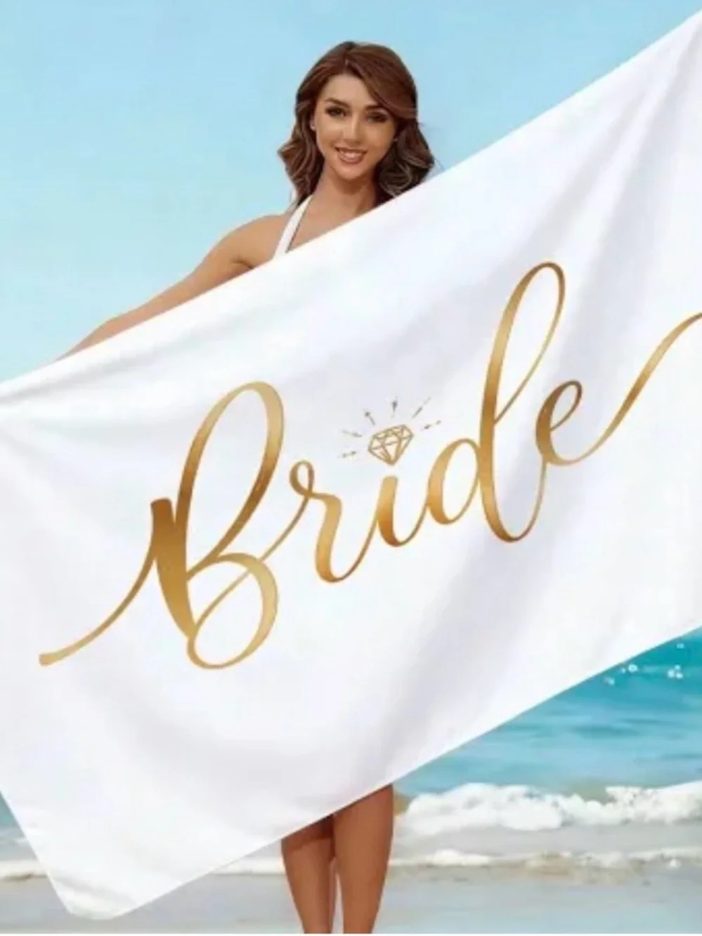 UNBRANDED White Golden Trendy Bride Beach Towel